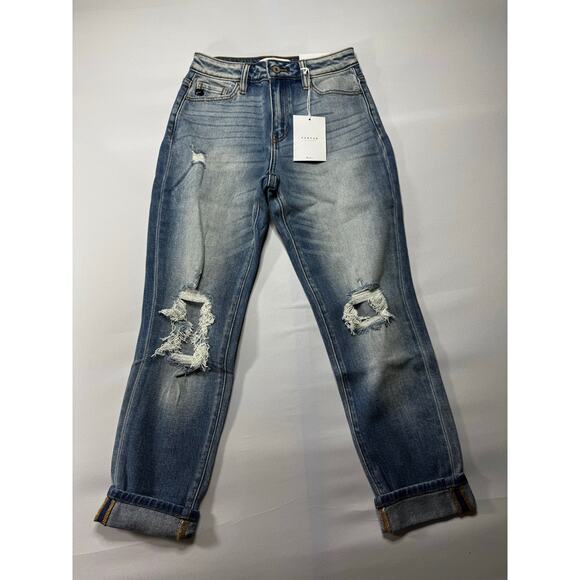 NWT KanCan Women's Light Wash Distressed Tapered Leg Blue Jeans - Size 1 (24x28) - Picture 1 of 10